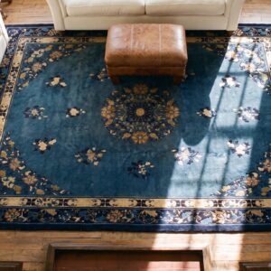 Wool Hand Knotted Pile Blue Rectangle 1920s Antique Rug (SKU 24827) - styled overhead view