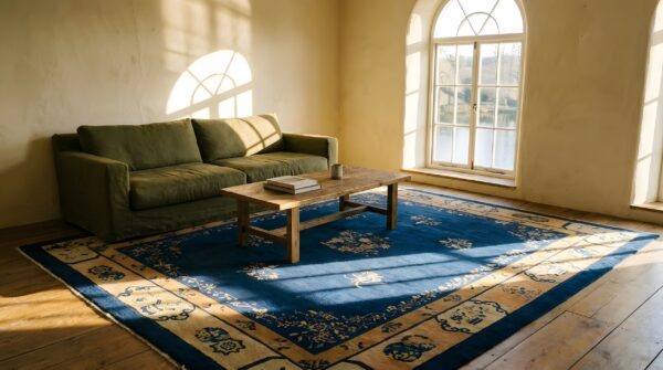 Blue antique rectangle 1920s wool hand knotted pile rug 9 Blue antique rectangle 1920s wool hand knotted pile rug (sku 24925) - room view