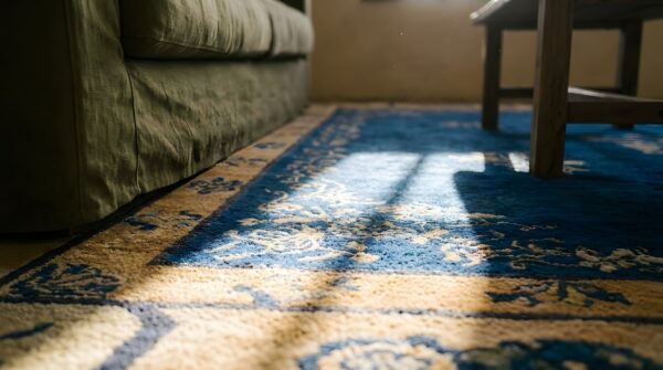 Blue antique rectangle 1920s wool hand knotted pile rug 10 Blue antique rectangle 1920s wool hand knotted pile rug (sku 24925) - in-room detail