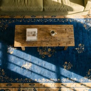 Blue Antique Rectangle 1920s Wool Hand Knotted Pile Rug (SKU 24925) - styled overhead view