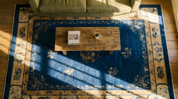 Blue antique rectangle 1920s wool hand knotted pile rug 2 Blue antique rectangle 1920s wool hand knotted pile rug (sku 24925) - styled overhead view