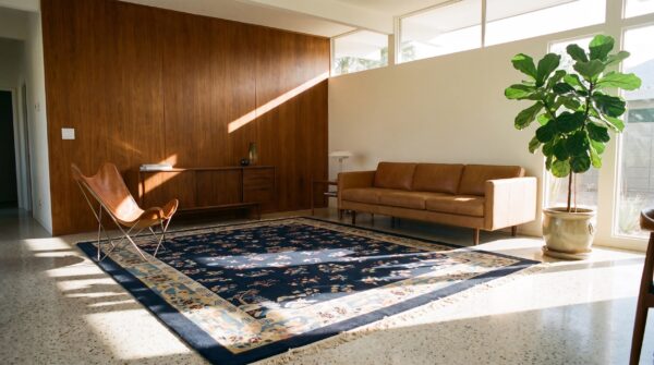 Hand knotted pile blue rectangle antique 1920s wool rug 9 Hand knotted pile blue rectangle antique 1920s wool rug (sku 25041) - room view