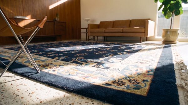 Hand knotted pile blue rectangle antique 1920s wool rug 10 Hand knotted pile blue rectangle antique 1920s wool rug (sku 25041) - in-room detail