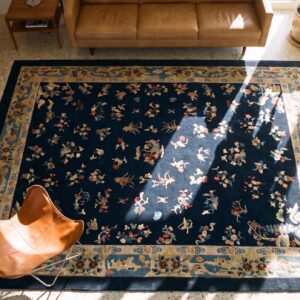 Hand Knotted Pile Blue Rectangle Antique 1920s Wool Rug (SKU 25041) - styled overhead view