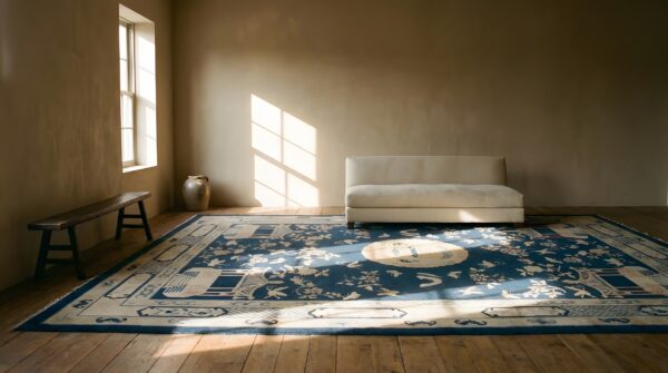 Wool hand knotted pile antique blue rectangle 1920s chinese rug 8 Wool hand knotted pile antique blue rectangle 1920s chinese rug (sku 23780) - room view