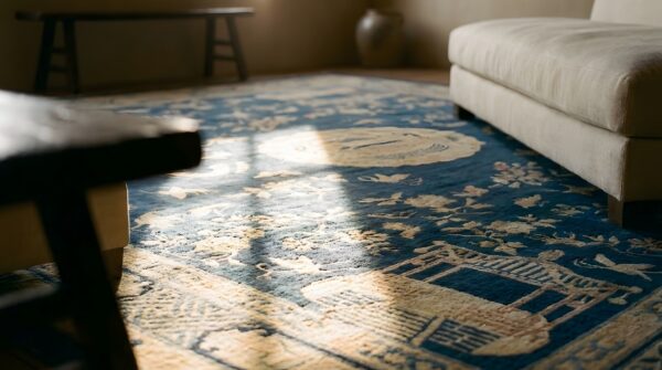 Wool hand knotted pile antique blue rectangle 1920s chinese rug 9 Wool hand knotted pile antique blue rectangle 1920s chinese rug (sku 23780) - in-room detail