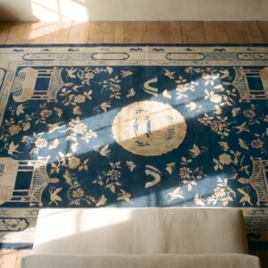 Wool Hand Knotted Pile Antique Blue Rectangle 1920s Chinese Rug (SKU 23780) - styled overhead view