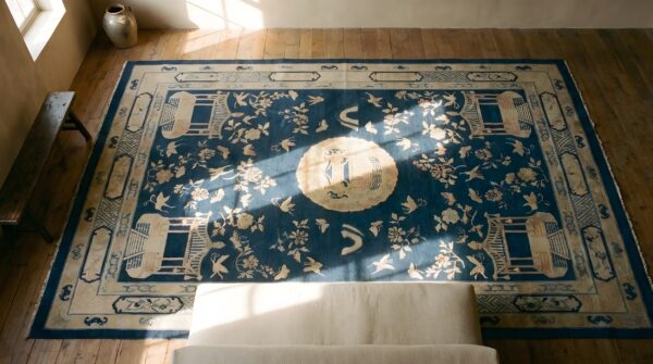 Wool hand knotted pile antique blue rectangle 1920s chinese rug 2 Wool hand knotted pile antique blue rectangle 1920s chinese rug (sku 23780) - styled overhead view