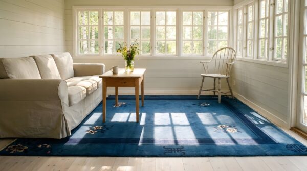 Hand knotted pile blue rectangle 1930s wool antique floral rug (sku 25755) - room view