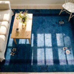 Hand Knotted Pile Blue Rectangle 1930s Wool Antique Floral Rug (SKU 25755) - styled overhead view