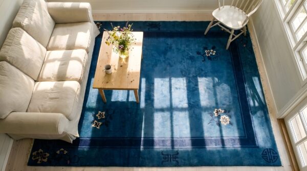 Hand knotted pile blue rectangle 1930s wool antique floral rug (sku 25755) - styled overhead view