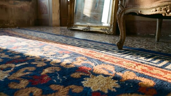 Blue antique rectangle allover floral hand knotted pile 1920s wool rug 8 Blue antique rectangle allover floral hand knotted pile 1920s wool rug (sku 23509) - in-room detail