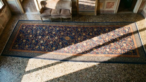 Blue antique rectangle allover floral hand knotted pile 1920s wool rug 2 Blue antique rectangle allover floral hand knotted pile 1920s wool rug (sku 23509) - styled overhead view