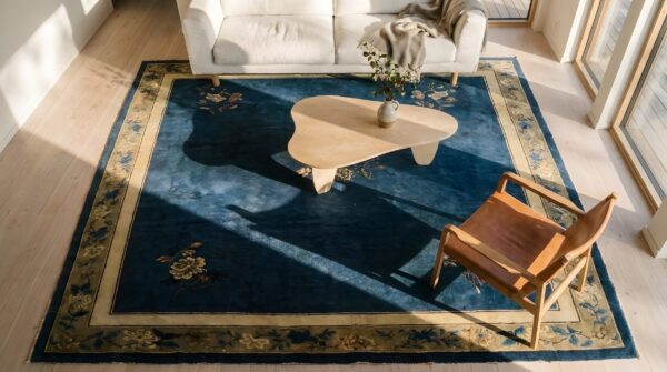 Antique wool knotted blue rectangle chinese - peking room size 1920s rug 2 Antique wool knotted blue rectangle chinese - peking room size 1920s rug (sku 24765) - styled overhead view