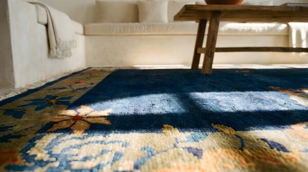 Blue wool knotted rectangle antique chinese small scatter size 1920s - art deco rug (sku 25589) - in-room detail