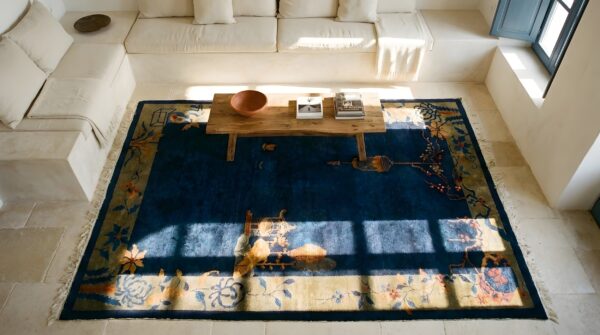 Blue wool knotted rectangle antique chinese small scatter size 1920s - art deco rug (sku 25589) - styled overhead view