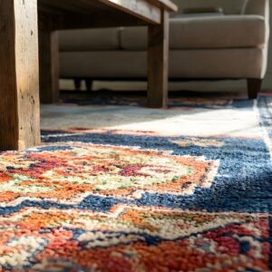 Blue Rectangle Wool Floral Medallion Hand Knotted Pile Antique 1930s Rug (SKU 25329) - in-room detail