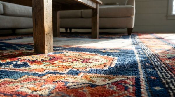 Blue rectangle wool floral medallion hand knotted pile antique 1930s rug 11 Blue rectangle wool floral medallion hand knotted pile antique 1930s rug (sku 25329) - in-room detail
