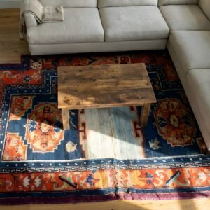 Blue Rectangle Wool Floral Medallion Hand Knotted Pile Antique 1930s Rug (SKU 25329) - styled overhead view