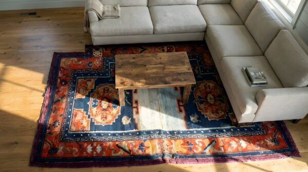 Blue rectangle wool floral medallion hand knotted pile antique 1930s rug 2 Blue rectangle wool floral medallion hand knotted pile antique 1930s rug (sku 25329) - styled overhead view