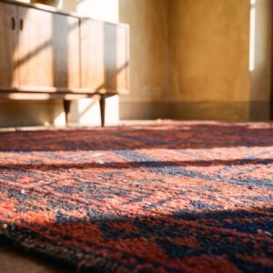 Blue , Red Antique Persian Baluch Blue and Red 1900s Square Rug (SKU 25300) - in-room detail