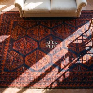 Blue , Red Antique Persian Baluch Blue and Red 1900s Square Rug (SKU 25300) - styled overhead view