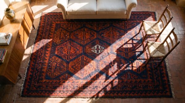 Blue , red antique persian baluch blue and red 1900s square rug 2 Blue , red antique persian baluch blue and red 1900s square rug (sku 25300) - styled overhead view