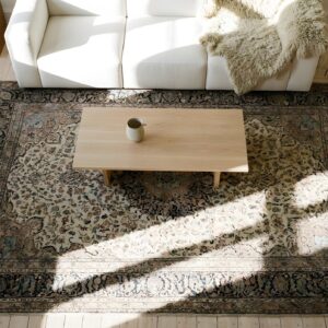 Blue , Red Antique Tribal Geometric Caucasian Flat Weave Kilim Rug (SKU 24274) - styled overhead view