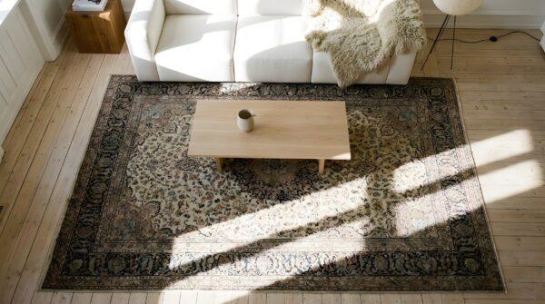 Blue , red antique tribal geometric caucasian flat weave kilim rug (sku 24274) - styled overhead view