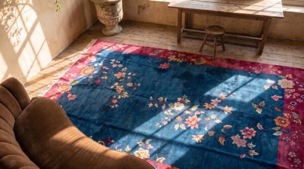 Antique blue room size art deco design chinese wool pile area rug (sku 22448) - styled overhead view