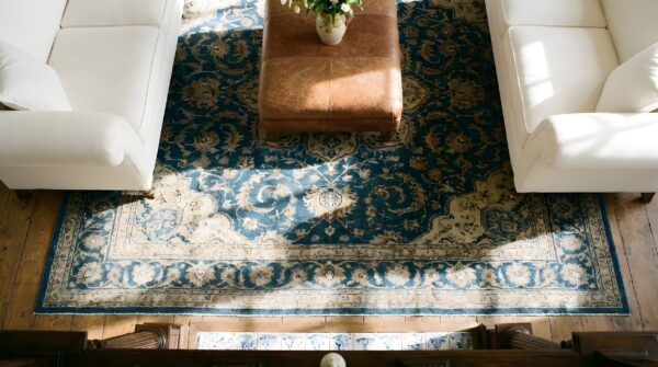 Blue room size antique artistic chinese dragon design peking carpet 2 Blue room size antique artistic chinese dragon design peking carpet (sku 24096) - styled overhead view