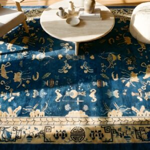 Blue Room Size Antique Chinese Bats Butterflies Cloud Band Design Peking Carpet (SKU 25697) - styled overhead view