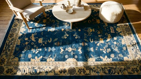 Blue room size antique chinese bats butterflies cloud band design peking carpet 2 Blue room size antique chinese bats butterflies cloud band design peking carpet (sku 25697) - styled overhead view
