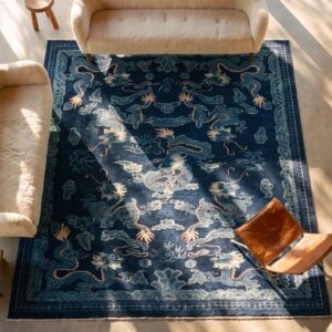 Blue Room Size Antique Chinese Dragon Cloud Band Pattern Peking Rug (SKU 25462) - styled overhead view