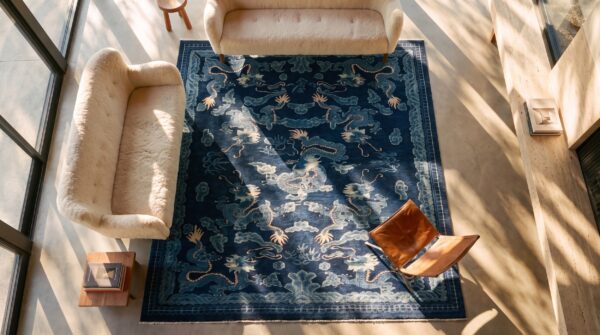 Blue room size antique chinese dragon cloud band pattern peking rug 2 Blue room size antique chinese dragon cloud band pattern peking rug (sku 25462) - styled overhead view