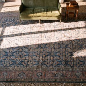 Blue Room Size Herati Pattern Antique Persian Khorasan Area Rug (SKU 25538) - styled overhead view