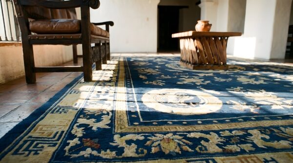Blue antique room size peking chinese medallion knotted pile area rug 11 Blue antique room size peking chinese medallion knotted pile area rug (sku 24748) - in-room detail