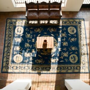 Blue Antique Room Size Peking Chinese Medallion Knotted Pile Area Rug (SKU 24748) - styled overhead view