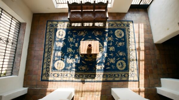Blue antique room size peking chinese medallion knotted pile area rug 2 Blue antique room size peking chinese medallion knotted pile area rug (sku 24748) - styled overhead view
