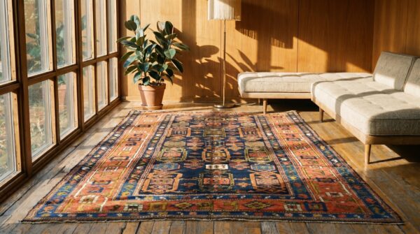 Blue antique rustic allover tribal geometric small persian kurdish rug 4 Blue antique rustic allover tribal geometric small persian kurdish rug (sku 19898) - room view