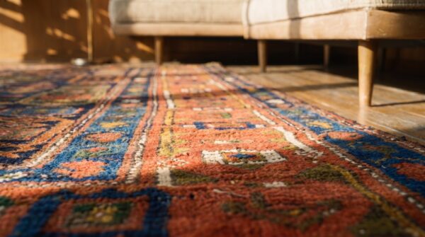 Blue antique rustic allover tribal geometric small persian kurdish rug 5 Blue antique rustic allover tribal geometric small persian kurdish rug (sku 19898) - in-room detail