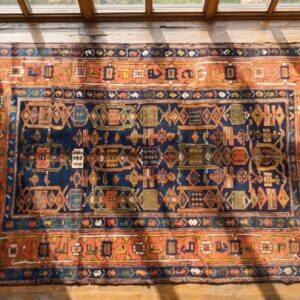 Blue Antique Rustic Allover Tribal Geometric Small Persian Kurdish Rug (SKU 19898) - styled overhead view