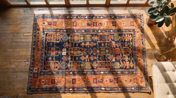 Blue antique rustic allover tribal geometric small persian kurdish rug 2 Blue antique rustic allover tribal geometric small persian kurdish rug (sku 19898) - styled overhead view