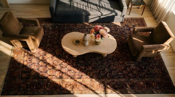 Blue antique rustic paisley pattern persian wide gallery size malayer rug 2 Blue antique rustic paisley pattern persian wide gallery size malayer rug (sku 24772) - styled overhead view