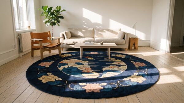 Antique blue scenic pictorial peking chinese floral round rug 5 Antique blue scenic pictorial peking chinese floral round rug (sku 19643) - room view