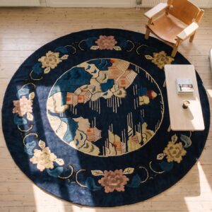 Antique Blue Scenic Pictorial Peking Chinese Floral Round Rug (SKU 19643) - styled overhead view