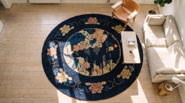 Antique blue scenic pictorial peking chinese floral round rug 2 Antique blue scenic pictorial peking chinese floral round rug (sku 19643) - styled overhead view