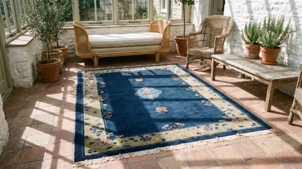 Blue small scatter size floral antique chinese peking wool pile rug (sku 23185) - room view