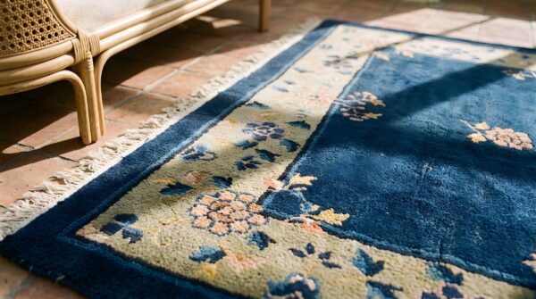 Blue small scatter size floral antique chinese peking wool pile rug (sku 23185) - in-room detail
