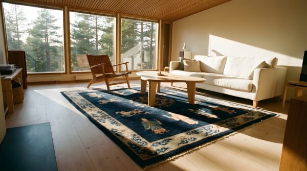 Blue small scatter size rectangle knotted chinese - peking 1920s wool antique rug 9 Blue small scatter size rectangle knotted chinese - peking 1920s wool antique rug (sku 25336) - room view